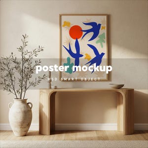 Japandi Console Table Frame Mockup ISO , Organic Modern Poster Mockup, Minimalist Oak Frame PSD, Olive Branch Interior Mockup