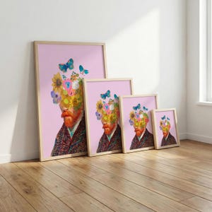 May include: Four framed art prints in descending sizes, each featuring a portrait of a person with a red beard and a head replaced by a vibrant bouquet of colorful flowers and blue butterflies, set against a solid light pink background.