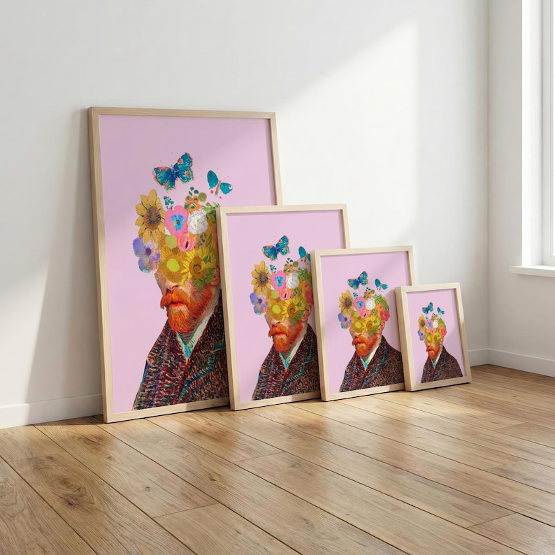 May include: Four framed art prints in descending sizes, each featuring a portrait of a person with a red beard and a head replaced by a vibrant bouquet of colorful flowers and blue butterflies, set against a solid light pink background.