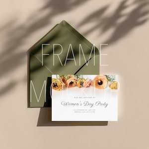 Elegant Beige Card and Olive Green Envelope Mockup PSD for Photoshop – Wedding Invitation or Stationery Design with Shadow Overlay