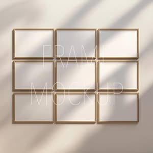9-Frame Gallery Wall Mockup ISO DIN A, Set of 9 Horizontal Wooden Frames, Landscape Poster Mockup, Sunlit Minimalist Interior Art Display