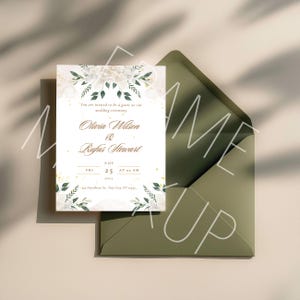 Envelope verde minimalista e mockup de cartão em PSD com sombras realistas – modelo de design de marca ou convite elegante para Photoshop