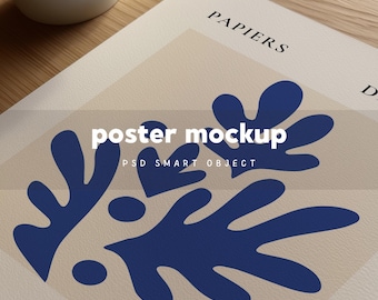 Realistic Poster Mockup on Wooden Table: Close-up Perspective Paper, PSD Smart Object for Photoshop & Photopea