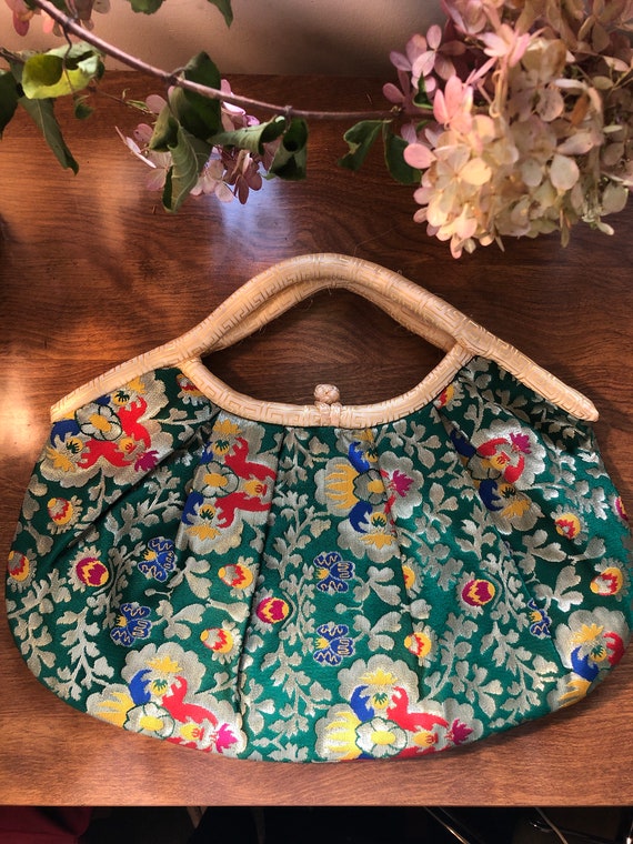 Vintage Asian Brocade Green Gold Floral Purse