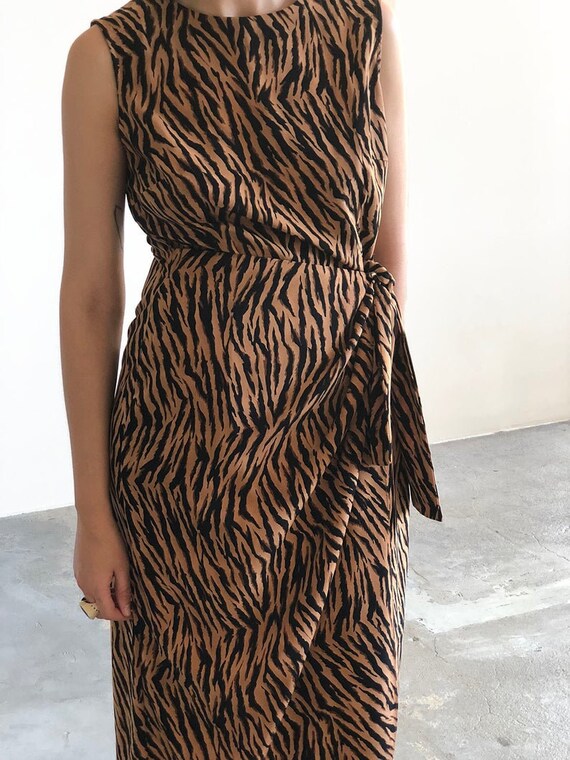 Vintage Leopard Print Wrap Skirt Midi Dress - image 1