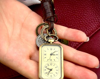 Vintage Dual Dial Pocket Watch Keychain, Steampunk Leather Accent, Smiley Charm