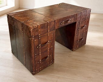 Handgemaakt leren bureau voor op kantoor - houten en leer luxe executive bureau, vintage bureau, cadeau voor baas, kantoorinrichting