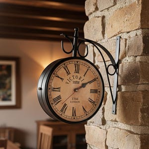 May include: A double-sided, vintage-style clock with a black metal frame, mounted on a brick wall. The clock face is tan with black Roman numerals and the words "VICTORIA STATION LONDON 1744".