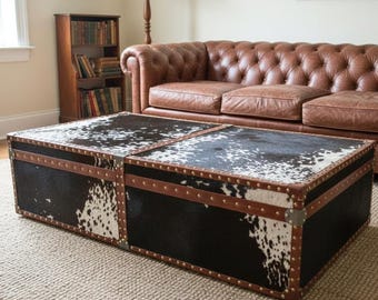 Handmade Wooden End Table Trunk With Hair on Leather - Coffee Table For Chesterfield, Vintage Chest For Living Room, 1900s Elegant Furniture