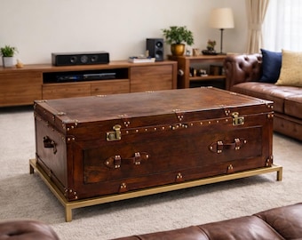 Handgemaakte houten leren salontafel met opbergruimte – vintage bijzettafeltje in Chesterfield-stijl, luxe meubels