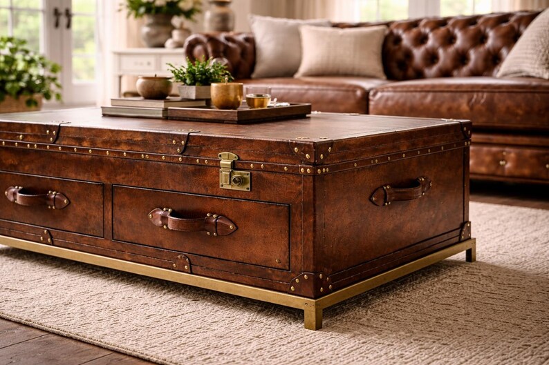 Op de afbeelding: Een rechthoekige bruin lederen koffietafel in kofferstijl met messing accenten. De tafel heeft twee lades met leren handgrepen en een messing slot. De tafel staat op een messing frame.