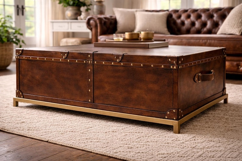 Op de afbeelding: Een rechthoekige, donkerbruine salontafel met messing details. De tafel heeft een kofferachtig ontwerp met messing studs en hoekbeschermers. Hij staat op een goudkleurige metalen basis en heeft een leren handvat.