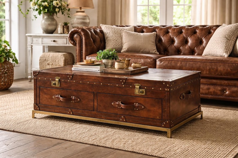 Op de afbeelding: Een grote, rechthoekige, bruin lederen koffietafel in kofferstijl met messing hardware en een goudkleurige basis. De tafel heeft twee lades met leren handgrepen en staat in een woonkamer met een bruine leren bank en een neutraal tapijt.