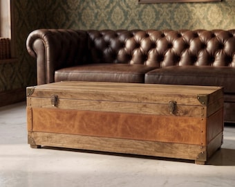 Handmade Wooden Trunk Coffee Table, Large Storage Chest with Leather Strap, Rustic Vintage Living Room Furniture, Industrial Style Decor