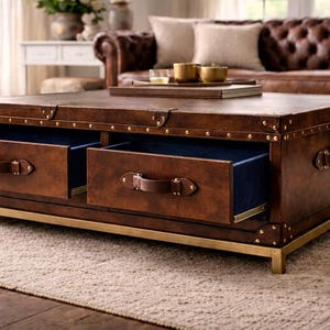 Op de afbeelding: Een rechthoekige bruin lederen salontafel met twee lades, messing accenten en een goudkleurige basis. De laden zijn open en onthullen een blauw interieur. De tafel staat in een woonkamer.