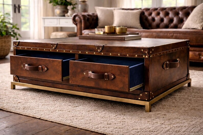 Op de afbeelding: Een rechthoekige bruin lederen salontafel met twee lades, messing accenten en een goudkleurige basis. De laden zijn open en onthullen een blauw interieur. De tafel staat in een woonkamer.