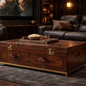 Op de afbeelding: Een bruine koffietafel in kofferstijl van leer met messing accenten en hardware. De tafel heeft twee lades met leren handgrepen en is bekroond met een houten dienblad met snacks en drankjes.