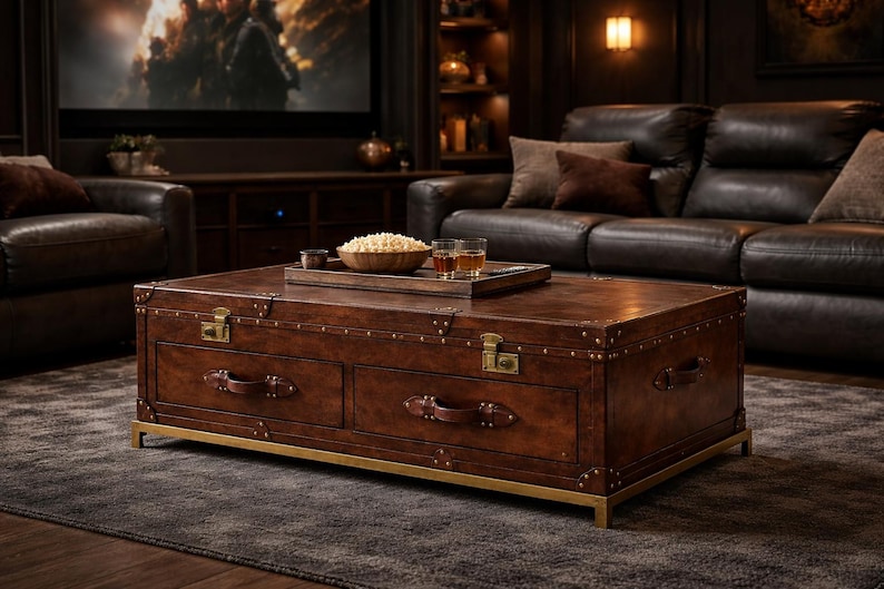 Op de afbeelding: Een bruine koffietafel in kofferstijl van leer met messing accenten en hardware. De tafel heeft twee lades met leren handgrepen en is bekroond met een houten dienblad met snacks en drankjes.