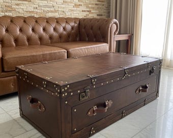 Luxe leren houten salontafel met opbergruimte – vintage campagnestijl middentafel voor woonkamerdecoratie, handgemaakte kist