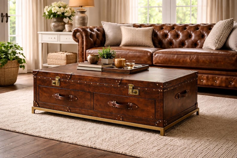 Op de afbeelding: Een bruine leren salontafel in kofferstijl met messing hardware en ladehandgrepen. De tafel heeft een rechthoekige vorm en staat op een goudkleurige basis. De tafel staat in een woonkamer met een bruine leren bank.