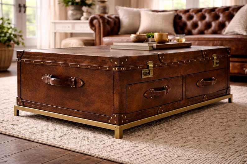 Op de afbeelding: Een rechthoekige bruin lederen salontafel met messing accenten. De tafel heeft twee lades, leren handgrepen en messing hoekbeschermers. Hij staat op een messing frame en staat op een patroonkleed.
