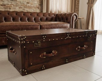 Handmade Wooden Coffee Table Trunk with Storage – Vintage Rustic Chest for Living Room Decor, Elegant Furniture & Christmas Gift