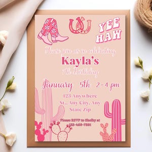 Pink Cowgirl Birthday Invitation Template: Western Party, Editable Canva (Digital Download)