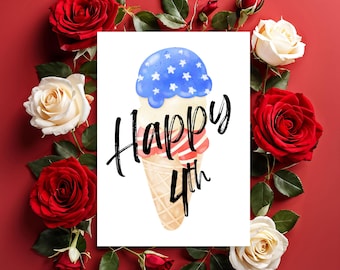 Afdrukbare Fourth of July-wenskaart, Instant Download 4 x 6 kaarten van 5 x 7 inch, Independence Day-kaart om te downloaden, Happy Fourth, Amerika, VS
