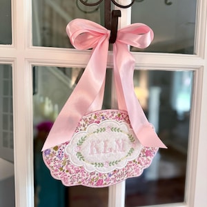 Custom Floral Monogram Door Hanger – Pink Bow Embroidered Sign for Baby  Nursery or Gift