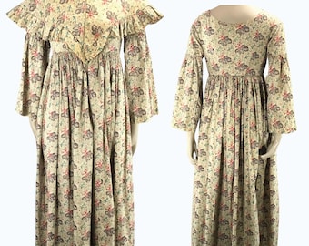 Rare Antique 1800s Floral Beige Challis Cotton Day Dress Matching Shawl Georgian Victorian Museum Display Dress XXS,Bridgerton Style, VFG