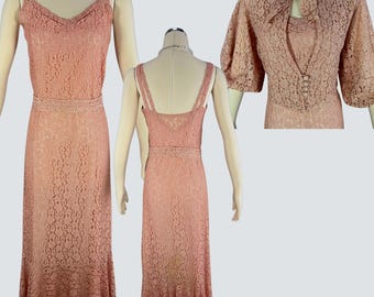 1930s Pink Lace Dress 3-Piece Set Vintage Salmon Pink Evening Gown Jacket Dress Slip Ensemble Party Prom Wedding Formal Dress Medium VFG