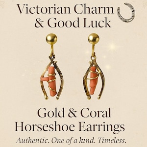 Edwardian 10K Gold Coral Earrings 1800s Victorian Era | Good Luck Charm Horseshoe Screw Back Antique Earrings Elegant Romantic | VFG Vintage