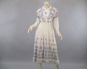 1910 Dress Edwardian Wedding Dress Pink Blue Embroidery, Rare Art and Craft Details Antique White Cotton Dress,Historical Textile
