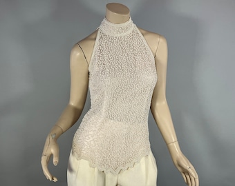 Vintage 1980's  Lawrence KAZAAR Cream Silk Beaded Evening Top, High Collar Off Shoulder Blouse, Size XS/S VFG
