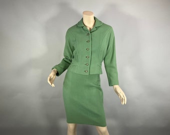 Vintage 1960s Sage Green Wool Suit, Fitted Jacket With Tailoring and Details 2 Pc Set, A Line Skirt 60s Office Wear XXS XS, VFG