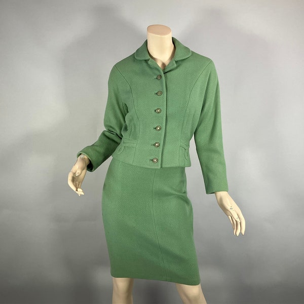 Vintage 1960s Sage Green Wool Suit, Fitted Jacket With Tailoring and Details 2 Pc Set, A Line Skirt 60s Office Wear XXS XS, VFG