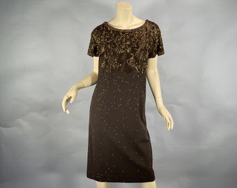 1980s Beaded Dress XL, Vintage 80s Brown Wool Bronze Bugle Beads Shift Cocktail Party Formal Short Dress