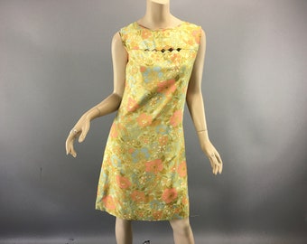 1960s Mod Dress Size Medium Vintage Green Pink Psychedelic Sleeveless Matching Belt  Mini Dress