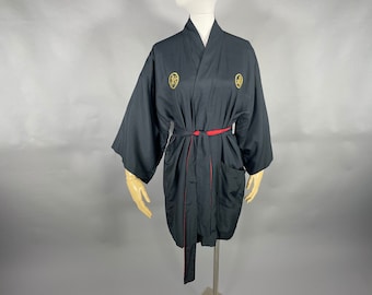 1950s Silk Kimono, Vintage Black & Red Silk Haori Robe, Asian Jacket Loungewear