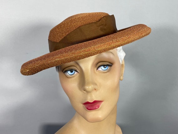 1940s Straw Hat, Vintage Mocha Brown Boater Hat, … - image 1