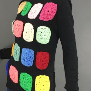 1970s Multi Color Granny Square Sweater, Size S Vintage Black Grannycore Pullover Jumper Sweater image 8