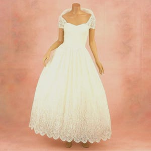 1950s Wedding Dress, White Strapless Lace Full Tea Length Gown with Train & Shawl, Vintage Elopement Bridal Reception Elegant Gown XS, VFG