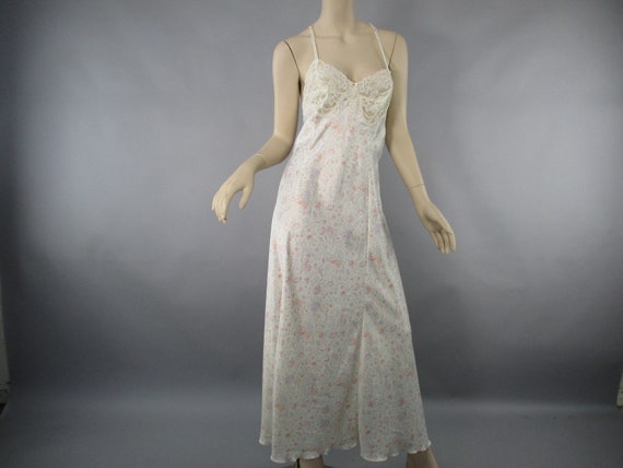 1980s Olga Floral Nightgown, Vintage Size M Satin… - image 1