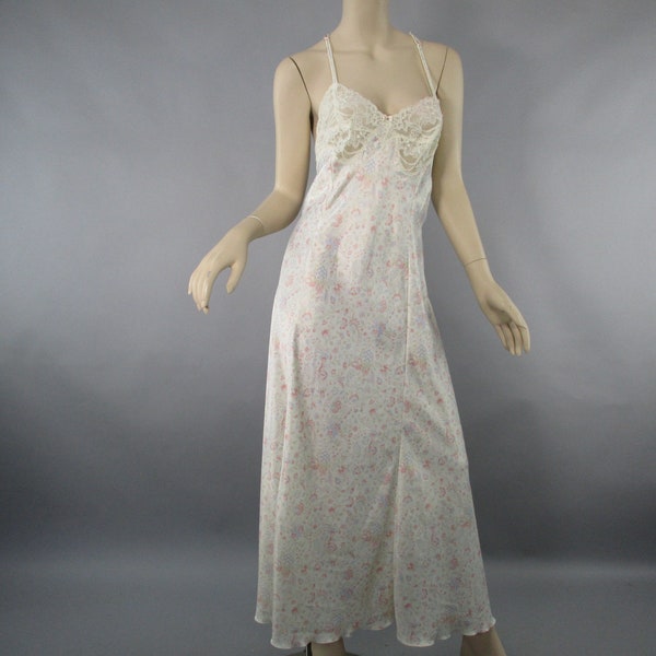 1980s Olga Floral Nightgown, Vintage Size M Satin Lace Long Lingerie, Bridal Nightgown Pin Up Old Hollywood VFG