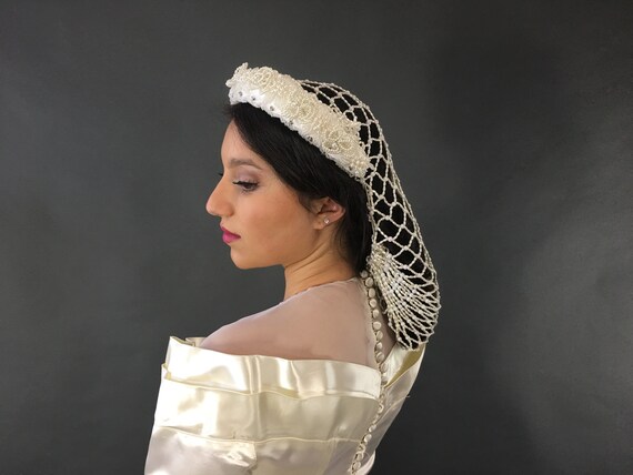 70s Beaded Wedding White Snood, 40s Inspired Reviv