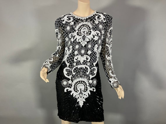 Vintage 1980's Silk White and Black Beaded Dress,… - image 1