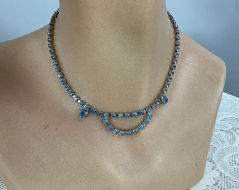 Vintage 1950s Blue Rhinestone Necklace, 50s Swag  Drape Choker, Party Prom Wedding Special Occasion, VFG