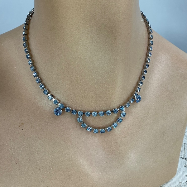 Vintage 1950s Blue Rhinestone Necklace, 50s Swag  Drape Choker, Party Prom Wedding Special Occasion, VFG