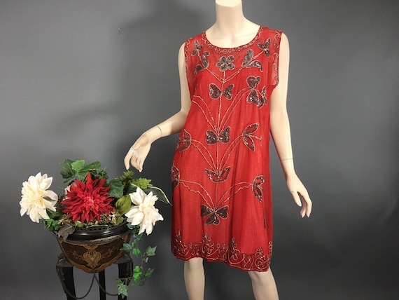 1920s Red Beaded Dress, Vintage Chiffon Silver Bea