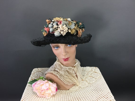 1930s Black Lace Straw Boater Style Hat, Multi Co